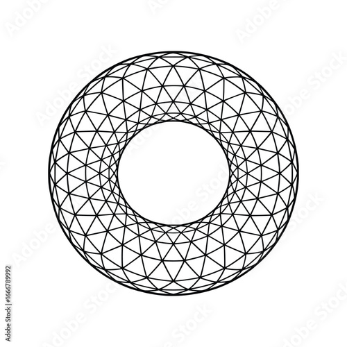 Geometric torus wireframe abstract shape with triangular mesh structure on a white canvas white background