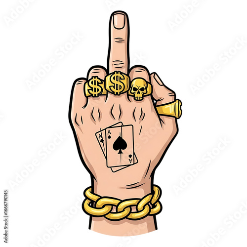 Hand giving the middle finger with tattoos and jewelry isolated on transparent background