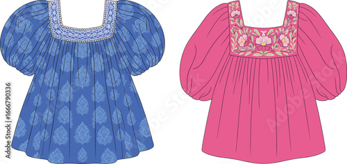 Traditional baby dresses with floral embroidery, puff sleeves, square necklines, pink and blue outfits, kids fashion, ethnic toddler wear