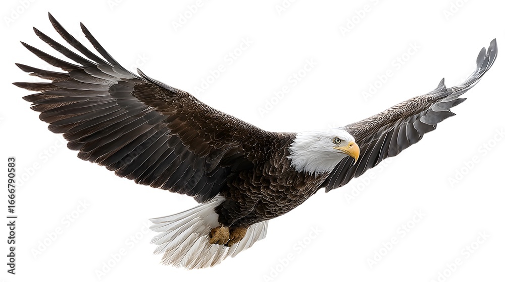 Naklejka premium Majestic Bald Eagle Soaring in Flight on White Background