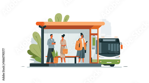 People waiting at bus stop with public transport bus arriving, flat vector illustration of city commuting
