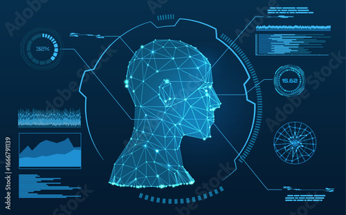 Biometric technology digital face scanning in process, facial recognition system, vector blue polygonal, graphs, charts