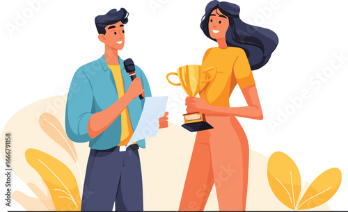 Flat design illustration of recognition ceremony with presenter and champion holding golden cup