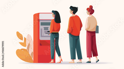 People standing in line at ATM machine, flat design vector illustration