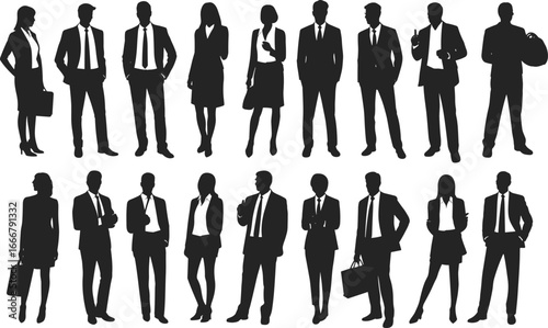 Silhouette group of diverse business professionals, men and women standing together in office attire, teamwork, leadership, corporate success, collaboration, unity