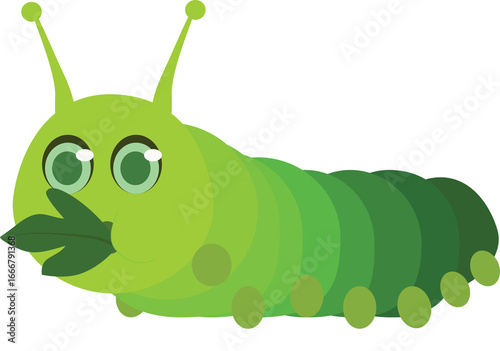 A cartoon caterpillar eating a leaf, with a green body and a big smile