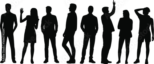 Silhouette group of diverse people standing together, teamwork collaboration concept, office colleagues, business unity, professional staff illustration, success partnership