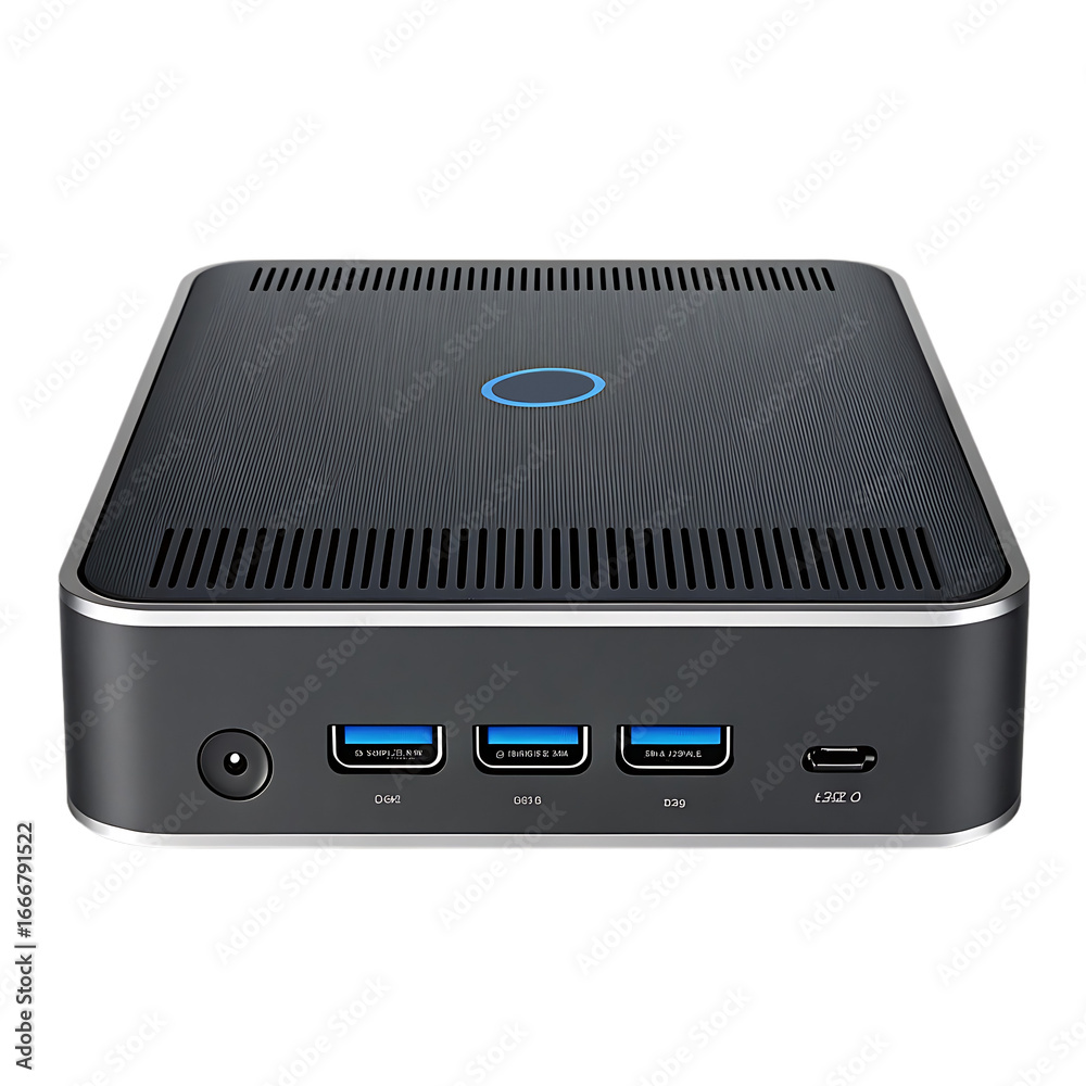 Obraz premium Compact intel nuc mini pc with usb 3.0 and power button transparent background