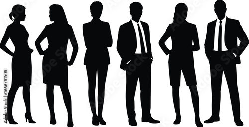Silhouette of business people team standing together in formal suit and dress, professional corporate group, teamwork leadership success concept illustration