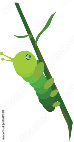 A charming illustration of a vibrant green caterpillar ascending a blade of grass