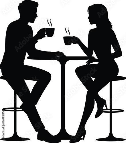 Silhouette of couple drinking coffee together at café table, man and woman date, romantic conversation, lifestyle, love, relationship, bonding