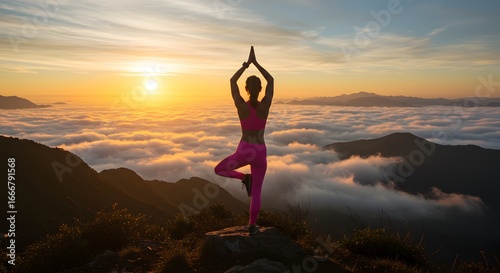 A woman in bright activewear holding a tree pose on top of a mountain peak at sunrise, clouds rolling below, soft golden light highlighting her silhouette