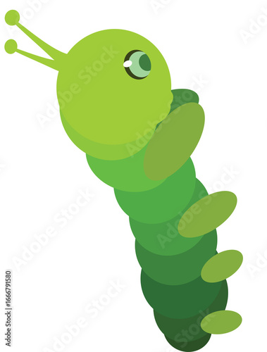 A cute cartoon caterpillar in vibrant green hues, ready for a whimsical adventure