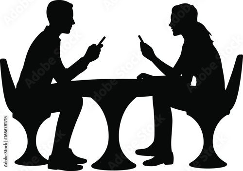 Silhouette of man and woman sitting at table using smartphones, couple technology addiction, modern lifestyle distraction, digital communication, social disconnection