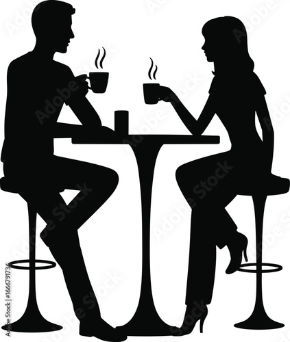 Silhouette of man and woman drinking hot coffee at cafe table, romantic couple date conversation, relationship illustration vector art design