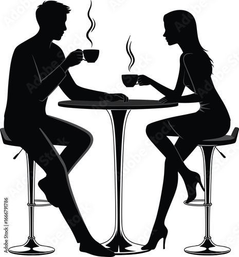 Silhouette of man and woman sitting together in coffee shop, romantic couple drinking coffee, date conversation, relationship illustration vector art