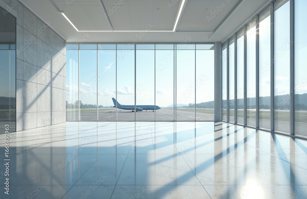 Fototapeta premium Modern office interior with expansive windows overlooking airport tarmac. Natural light floods spacious business hall, reflecting off polished floor. 3D rendering shows airplane on runway, creating