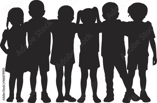 Silhouette of six children standing together with arms around shoulders, friendship unity teamwork concept, happy kids bonding childhood group illustration