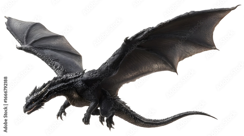 Obraz premium Majestic Black Dragon Soaring with Spread Wings on White Background