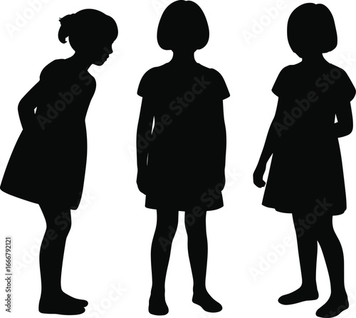 Silhouette of young girls standing together in casual dress, children group illustration, childhood friendship concept, school kids vector isolated design