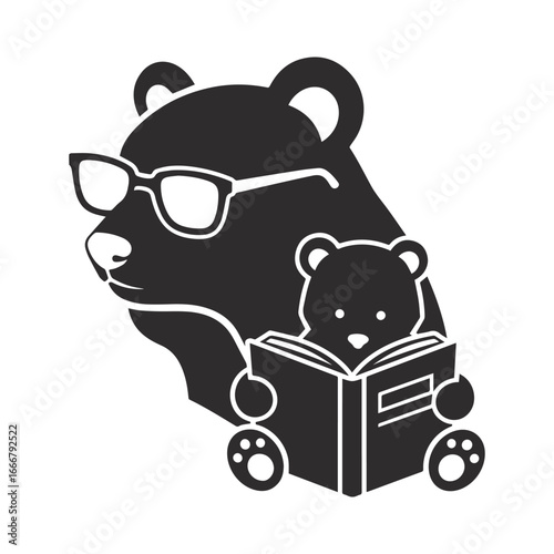 Wise Bear with Glasses Reading Book to Teddy Bear - Black Vector Icon