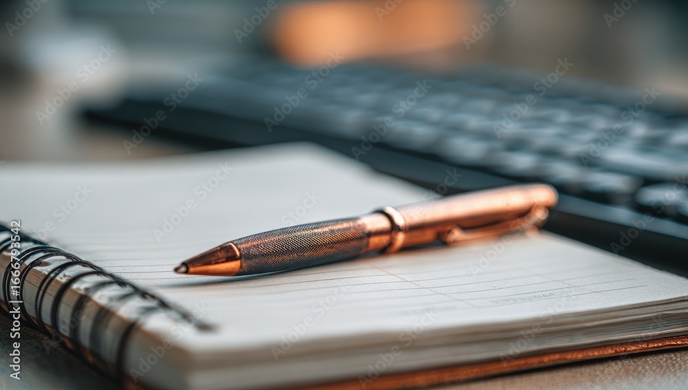 Fototapeta premium A copper-toned pen rests on a spiral-bound notebook, with a keyboard out of focus in the background