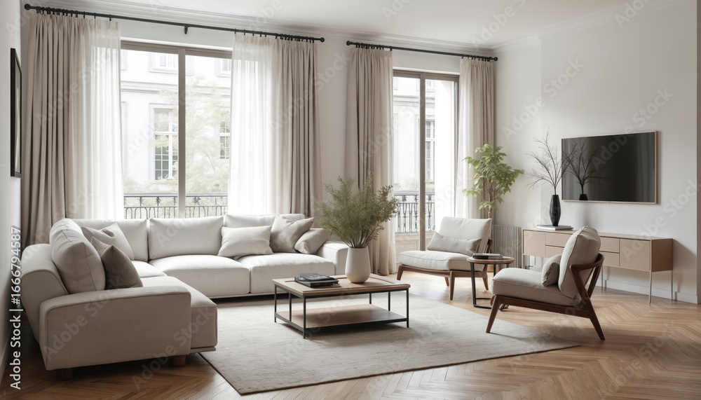 Fototapeta premium Minimalist Scandinavian interior living room in Paris features sectional sofa, armchair, coffee table. Neutral tones, natural wood elements create cosy, modern ambiance. Large windows with sheer