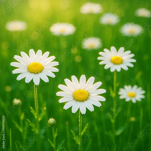 Close-up of white daisies blooming in a lush green field.