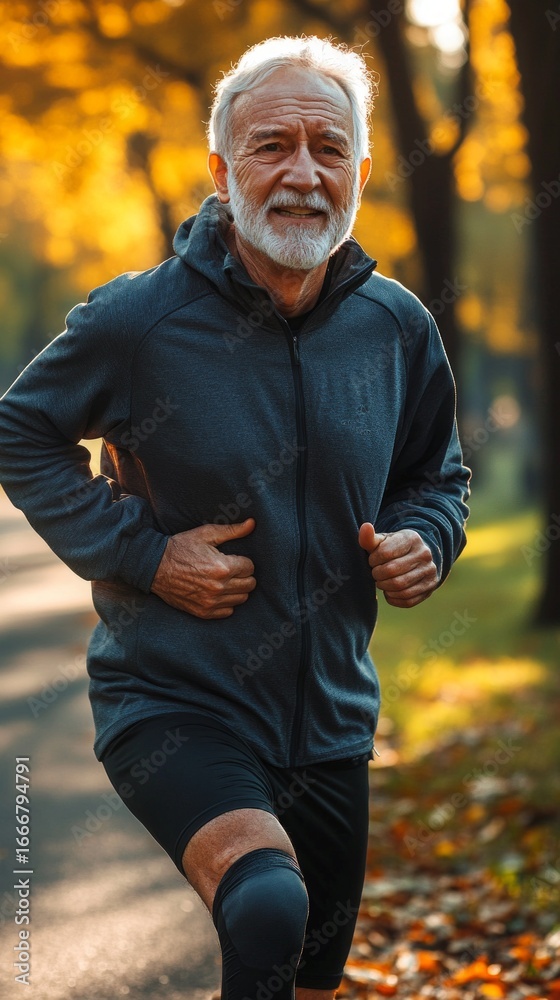 Fototapeta premium Portrait of a smiling elderly man in sportswear jogging in a park in autumn, ideal for advertising a healthy lifestyle and fitness programs.