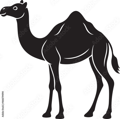 A lone dromedary camel with a sign stands isolated in the vast Arabian desert