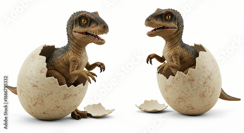 Fototapeta Naklejka Na Ścianę i Meble -  A pair of adorable baby raptor dinosaurs hatching from their eggs, representing new life and the prehistoric era on a clean white background