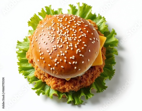 Wallpaper Mural Juicy chicken burger served on crisp lettuce with melted cheese on a sesame seed bun. This delicious fast food meal is isolated on a white background, presenting a mouthwatering crispy chicken fillet. Torontodigital.ca