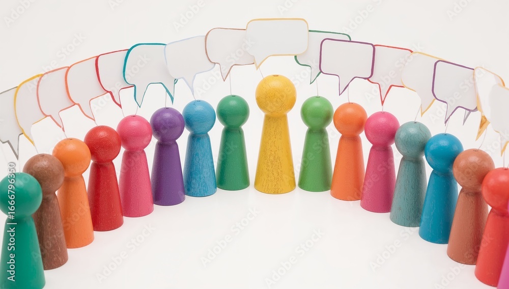 Obraz premium A colorful illustration of a diverse group of wooden peg people engage in lively dialogue within a collaborative framework. Capturing the essence of teamwork, communication.