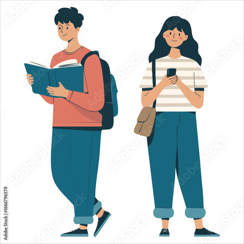 young adults discussing in casual outfits flat design composition