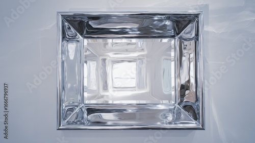 Rectangular, beveled mirror reflecting interior space