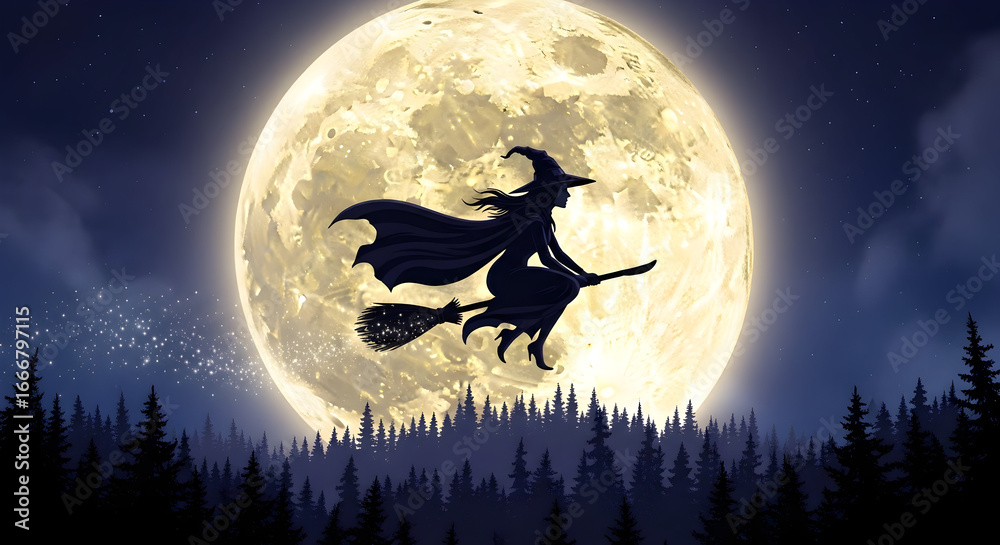 Fototapeta premium Silhouette of a witch flying on a broomstick against a full moon backdrop with spooky forest