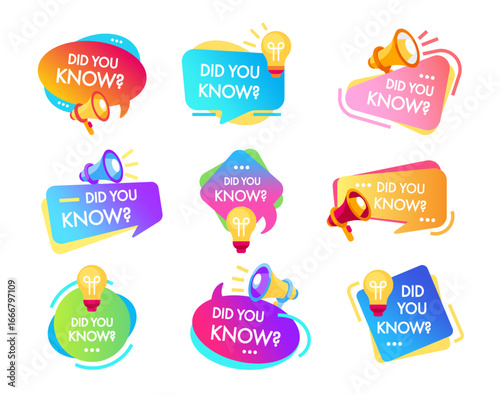 Did you know label. Informative highlight tags. Educational and promotional labels. Social media speech bubbles, blog badge, advertising banner, tutorial, quiz, life hacks. Vector set