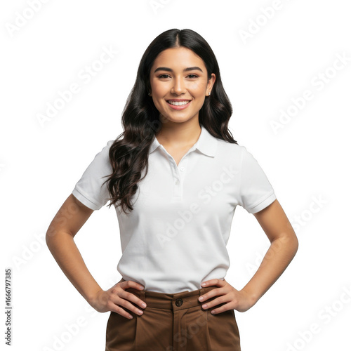 Young woman wearing a white polo shirt and brown pants isolated on transparent background