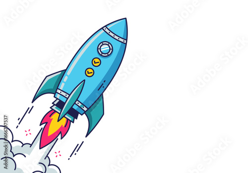 Cartoon rocket ship ascending with vibrant flames and trailing smoke clouds