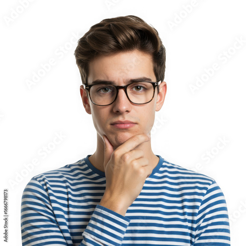 Young man with glasses thinking with his hand on his chin isolated on transparent background