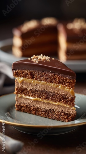 crafted Dobos Torta, showing multiple thin layers of chocolate sponge cake filled with creamy chocolate buttercream