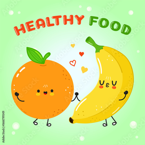 This cheerful cartoon shows an orange and banana celebrating healthy food with hearts around them.