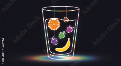 Fototapeta Naklejka Na Ścianę i Meble -  A glass of fresh fruit juice with colorful fruits and a banana