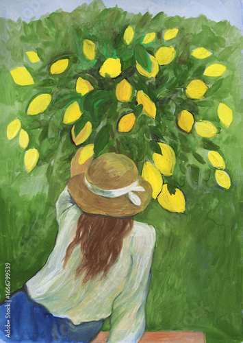 woman with lemon tree. watercolor illustration