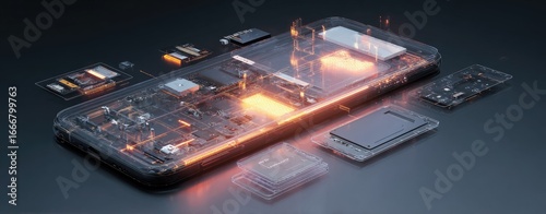 Smartphone's intricate internal components lit by glowing heat