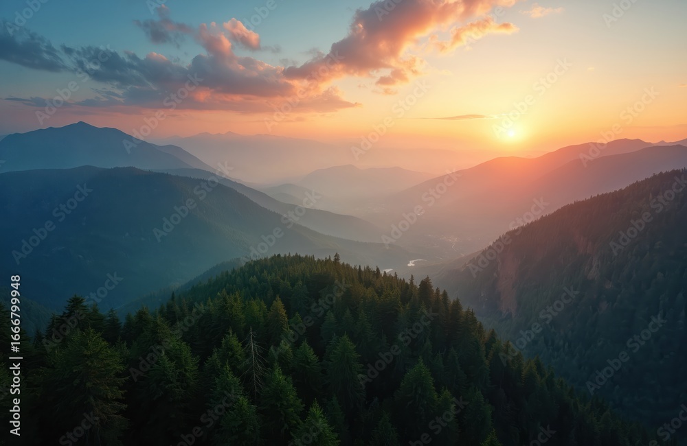 Fototapeta premium Inspiring aerial view of rich mountain landscape at sunrise. Serene valleys, towering peaks create cinematic natural scene. Hazy atmosphere with soft clouds and warm sun glow.