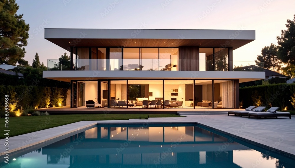 Obraz premium Contemporary House with Pool Reflecting Modern Architecture and Design Aesthetics