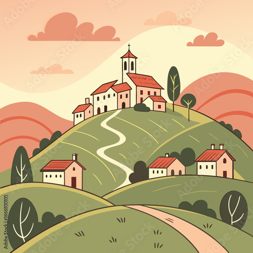 Charming village nestled on rolling green hills with a winding path leading to a church
