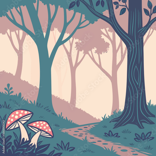 Enchanting forest path lined with whimsical mushrooms and tall trees in a dreamy pastel color palette