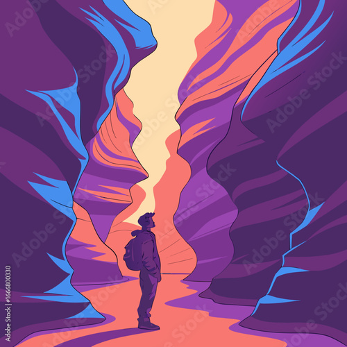 Lone hiker marvels at the vibrant colors and towering formations of a narrow desert canyon
